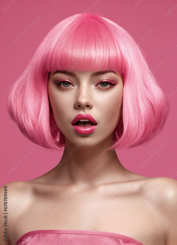 Φωτογραφία Beauty portrait of young woman with pink bob hairstyle and bright makeup