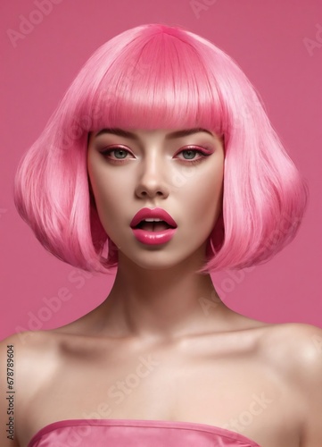 Beauty portrait of young woman with pink bob hairstyle and bright makeup 