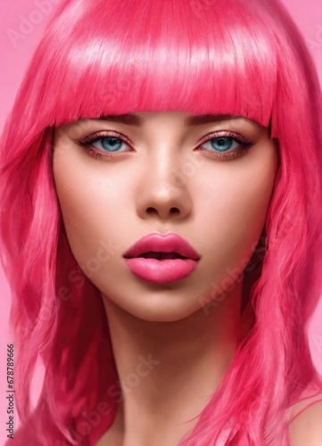 Beautiful girl with pink hair and bright make-up on a pink background 