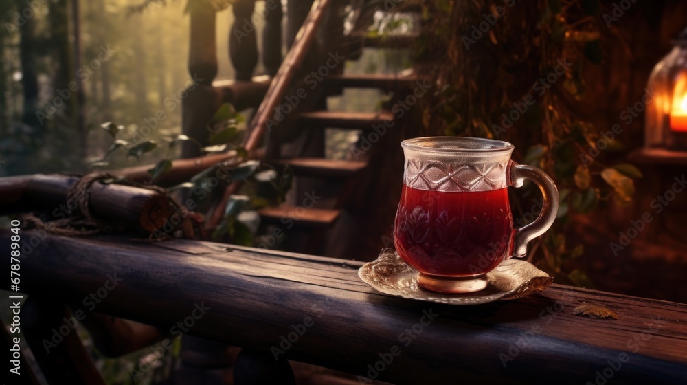glass mug with a hot drink of red mulled wine stand on a wooden cottage table against the backdrop of an autumn forest, Cabincore Aesthetics