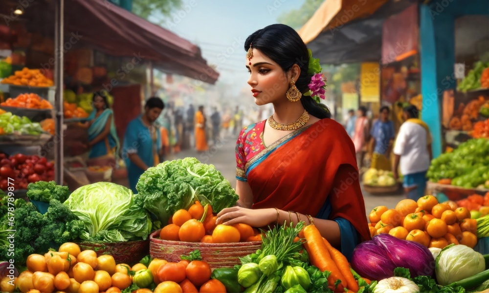 Φωτογραφία Indian woman selling fruits and vegetables on the street market in India