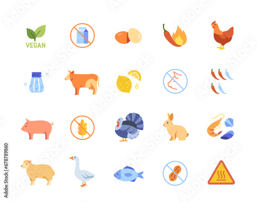 Food labels color icons set. Bright stickers with chicken, cow, seafood and spices. Farm and organic products. Graphic elements for website. Flat vector collection isolated on white background