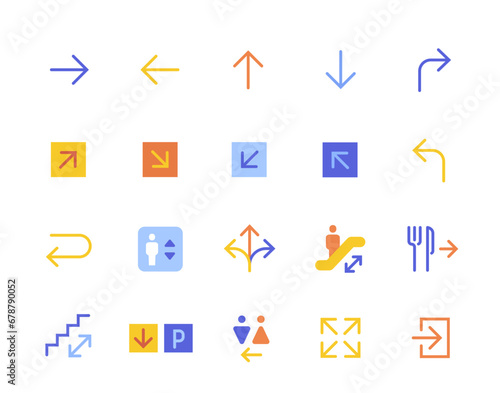 Path direction color icons set. Arrows for navigation, signs right, left, exit. Simple design elements for print. Crossroad and stair. Flat vector collection isolated on white background