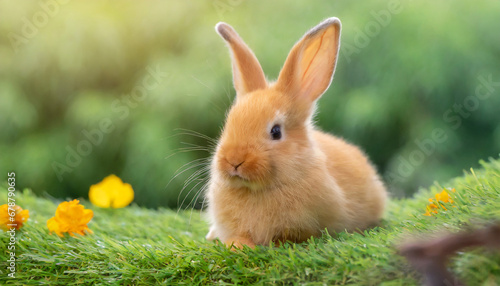 cute easter orange bunny rabbit on green grass and green blurred background close up