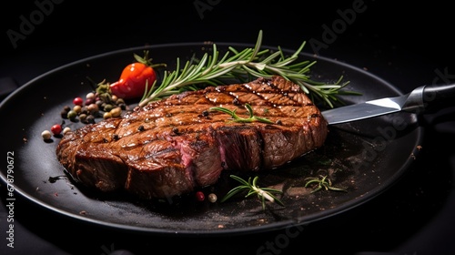 Grilled beef steak on a black background, ai generative