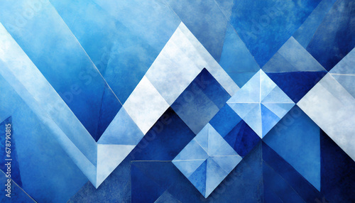 modern abstract blue background design with layers of textured white material in triangle diamond and squares shapes in random geometric pattern