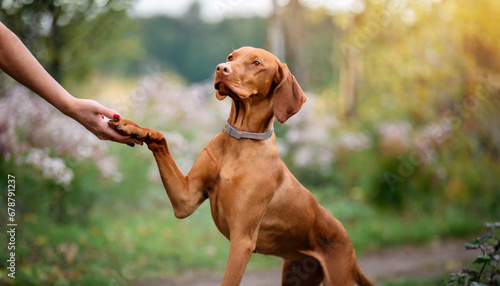a dog of the brown hungarian vizsla breed stands on the background of a green park the dog is nine months old he looks to the side with a raised paw the photo is blurred photo