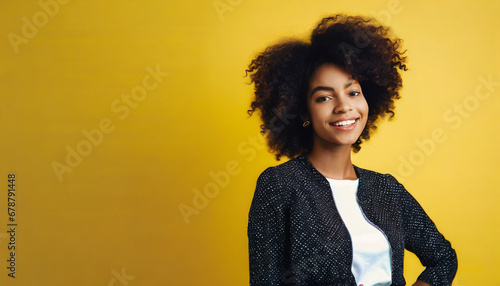 portrait fashion and mockup with an afro black woman in studio on a yellow background for style trendy hair and mock up with an attractive young female posing alone on product placement space photo