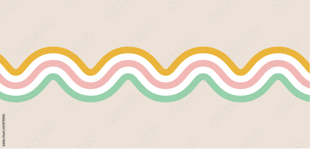 Obraz premium 1970s 1980s Wavy Retro Rainbow Groovy Lines Pattern in pink blue yellow orange. Abstract Hippie style psychedelic vector background