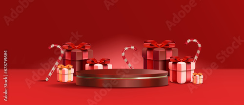 Festive red podium with gift wrap and candy cane in modern scene. Red minimal scene product. 3d Vector Illustration.
