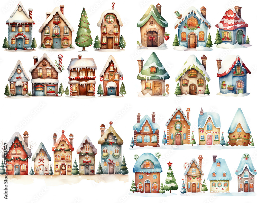 watercolor cartoon style illustration, cute house in winter time, cold snow fall covered over roof, happy Christmas and new year time, Generative Ai