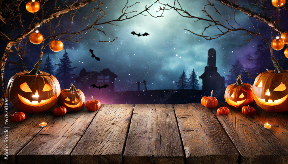 spooky halloween background with empty wooden planks - obrazy, fototapety, plakaty 