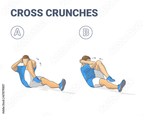 Cross Crunch Exercise. Bicycle Crunches Abs Workout Guidance.