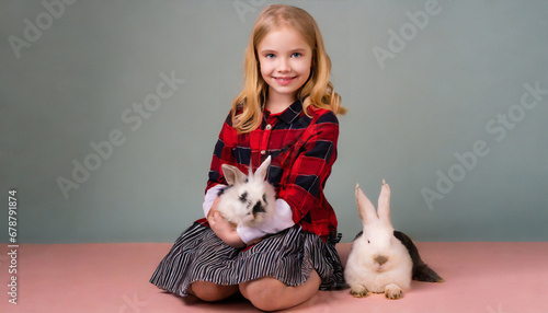 minimalist background for studio photo portrait of child with plushed rabbits