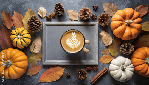 a cozy flat lay image of an autumn themed frame filled with natural pine cones pumpkins dried leaves and a pumpkin latte on a dark grey stone surface this fall and thanksgiving background offers photo