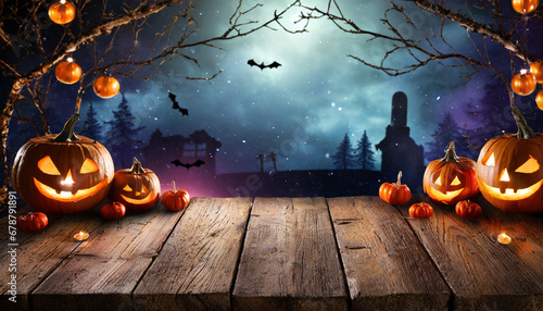 spooky halloween background with empty wooden planks photo