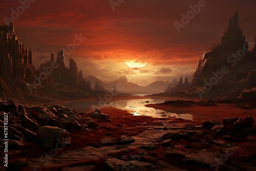 AI generated illustration of a stunning landscape featuring a red sunset over a tranquil lake