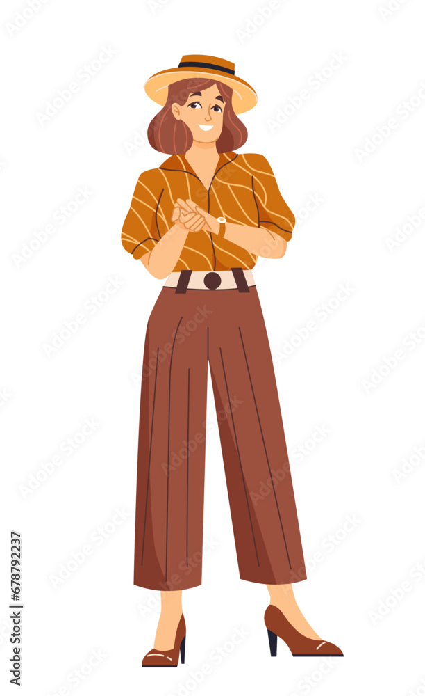 Person clapping hands. Joyful woman smiling, applauding and greeting. Expressing appreciation, support and congratulations using gestures. Cartoon flat vector illustration isolated on white background