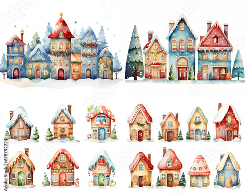 watercolor cartoon style illustration, cute winter snow town , cold snow fall covered over roof, happy Christmas and new year time, Generative Ai