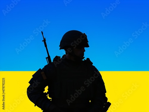 A soldier of the Ukrainian Armed Forces against the background of the flag of Ukraine photo