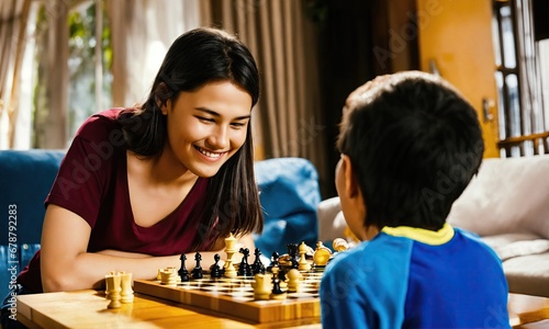 Asian mother and son playing chess in living room at home. Concept of happy family. 