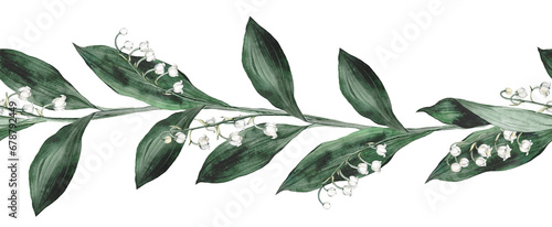 Obraz na plátně Watercolor border illustration lilies of the valley with white flowers and green leaves isolated on white background