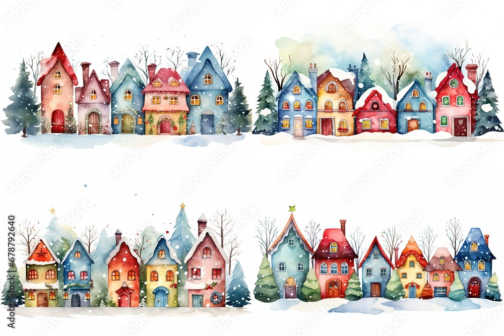 watercolor cartoon style illustration, cute winter snow town , cold snow fall covered over roof, happy Christmas and new year time, Generative Ai