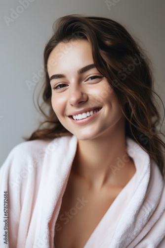 smiling woman enjoying beauty treatment on beige background. AI Generated