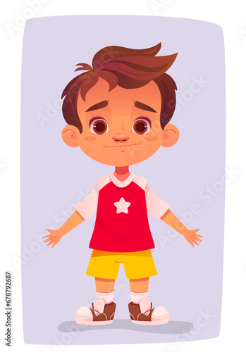 Standing little child. Funny teenage boy in stylish clothes and boots. Model for animation. Front view of preschooler character. Smiling kid. Cartoon flat vector illustration