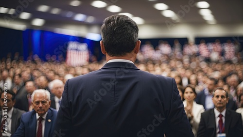 Rear view of politician during the election speech in front of the crowd. Generated with AI photo