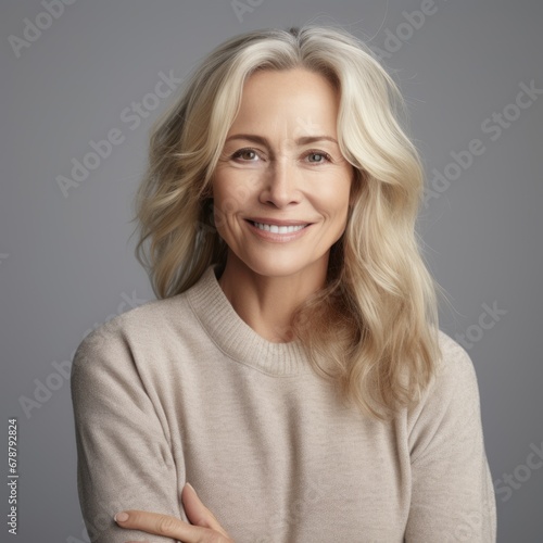 Beautiful gorgeous 50s mid aged mature woman looking at camera isolated on gray. AI Generated
