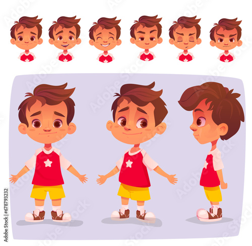 Boy character constructor set. Child character image with different facial emotions and body poses. Design elements for animation. Cartoon flat vector collection isolated on white background