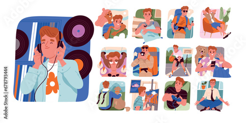 Man copes with stress set. Young guy listeninig music, rest outdoor, camping and hiking. Psychological support and emotional help. Cartoon flat vector collection isolated on white background