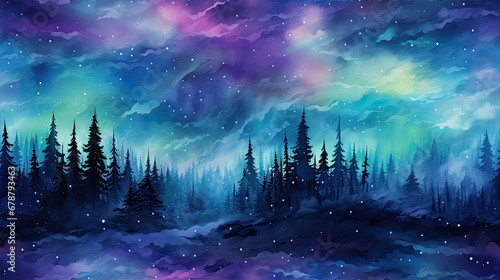 Abstract Watercolor Northern Lights Background Texture, Dreamy Aurora Polar Lights. Celestial Watercolor Landscape With Aurora Borealis. Generative AI © Immersive Dimension