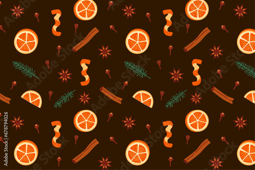 Seamless pattern of mulled wine spices, anise stars, cinnamon, fir branches, orange slices, zest, cloves on brown background. Hot drink recipe ingredients. Vector wallpaper.