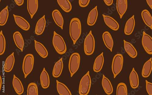 Flax seeds or linseed seamless pattern. Vegan protein food wallpaper. Edible seeds on brown backdrop.