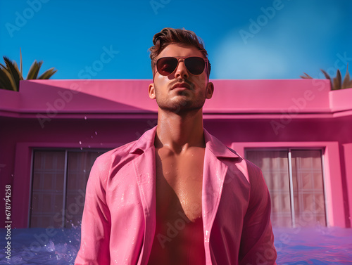 Title: Summer Seduction: Poolside Aesthetics. Sultry Swim: The Allure of the Summer Pool. Sexy man at the pool psihodelic sky