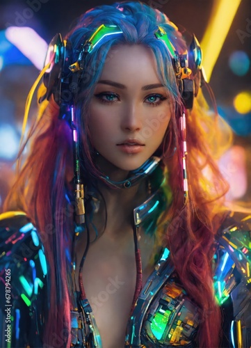 Portrait of a beautiful young girl with long red hair in futuristic costume. 