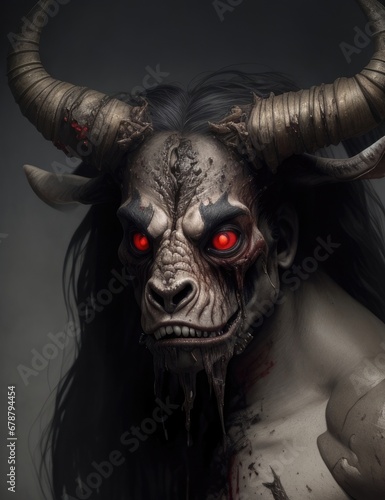 Scary monster with horns on a dark background. Halloween theme. 