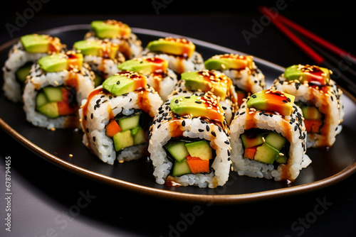 Vegan sushi rolls with avocado, cucumber, and colorful bell peppers, served with soy sauce and wasabi.