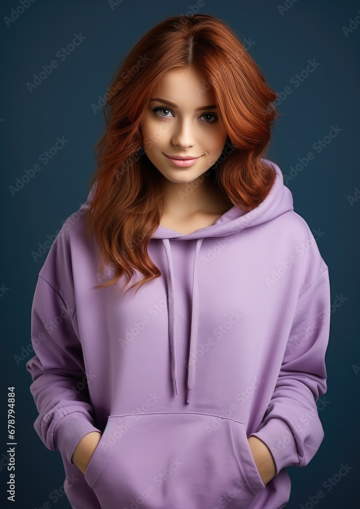 young red-haired girl in a purple hoodie, teenager, student, color background, beautiful woman, fashion, style, portrait, hairstyle, face young red-haired girl in a purple hoodie, teenager, student, color background, beautiful woman, fashion, style, portrait, hairstyle, face