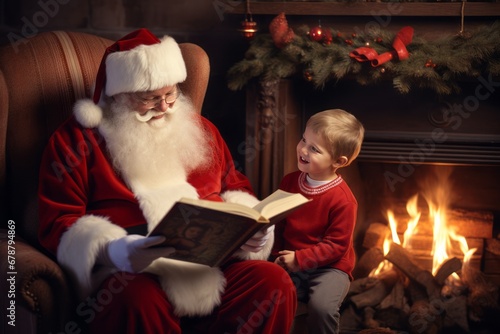 A kind old Santa Claus in glasses, a red hat and a fur coat is reading a book to a little boy in a room with a fireplace. Christmas Eve