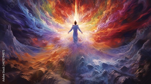Spiritual Ideas Merge in Illustration's Whirlwind of Light and Color, Visualizing a Spiritual Cla photo