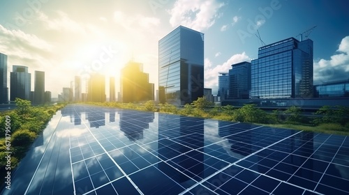 Surface Adorned with Solar Panels Harness Sun's Rays, Encircling Tall Glass Buildings for Energy