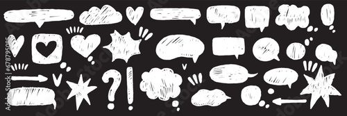 Speech bubble vector set, texture comic talk balloon doodle kit, hand drawn crayon cloud message. Speak sign dialog communication frame, hearts, arrow, question. Chalk marker speech bubble drawing box