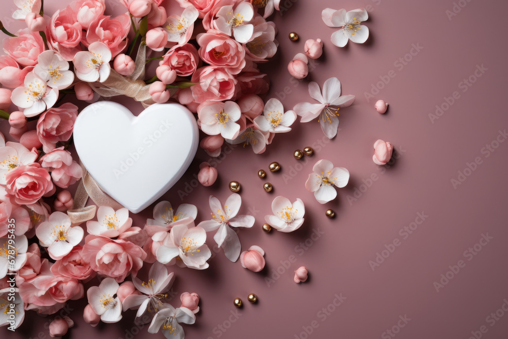 Valentine's Day Card with Heart and Flowers on Pink Background