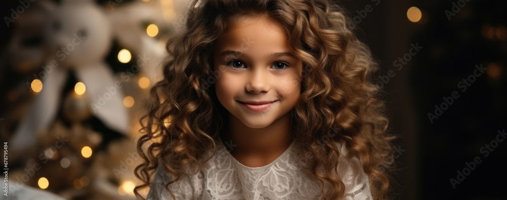 Portrait of a pretty curly haired little girl on the blurred lights background