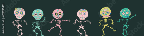 Sugar dancing skulls decorated by design elements and colorful floral ornament. Mexican national holiday Day of the dead. Festive banner templates for Dia de los muertos. Vector illustration