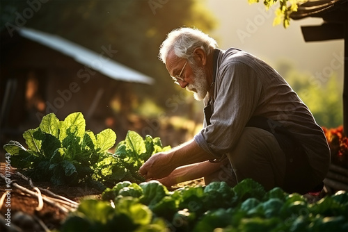 an elderly gray-haired man of 70-80 years old is engaged in gardening, harvesting in his beds.  © Margo_Alexa
