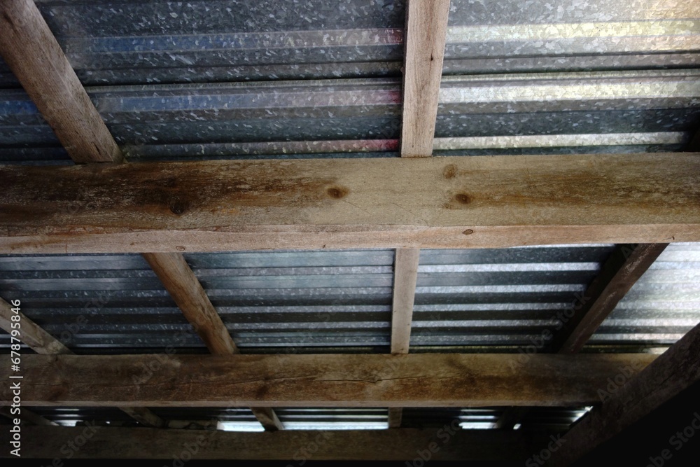 Metal roof with a ceiling made of spruce beams Metal roof with a ceiling made of spruce beams